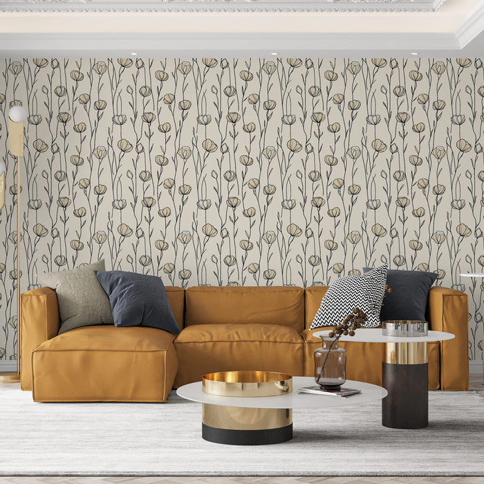 Un salon moderne avec un papier peint floral beige et noir, orné de délicates tiges et fleurs, créant une atmosphère douce et accueillante.