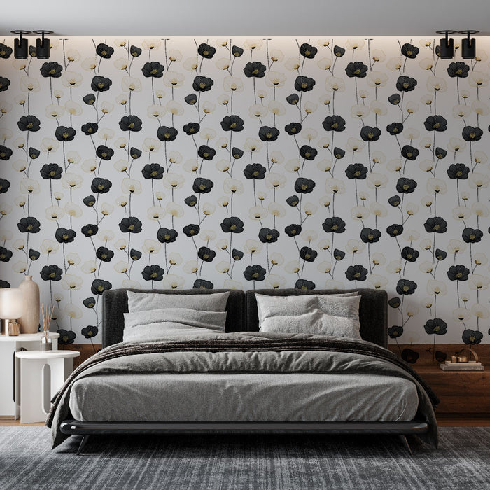 Une chambre moderne avec un papier peint floral noir et blanc, aux motifs élégants de fleurs stylisées, créant une atmosphère douce et raffinée.