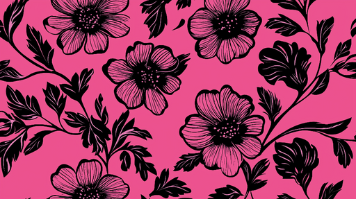 Papier peint floral avec motif de fleurs noires sur fond rose vif pour décoration murale élégante.