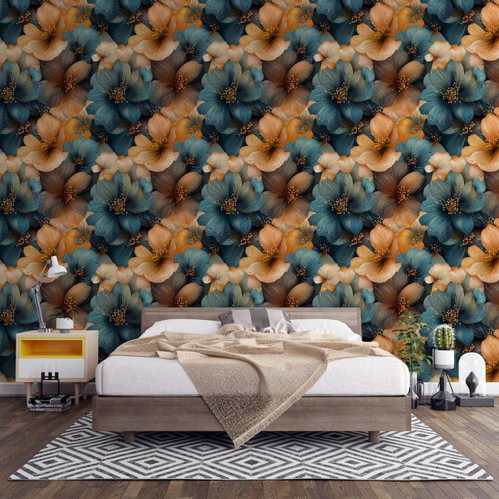 Une chambre moderne avec un papier peint floral aux teintes bleu-vert et orange, créant une atmosphère chaleureuse et accueillante.