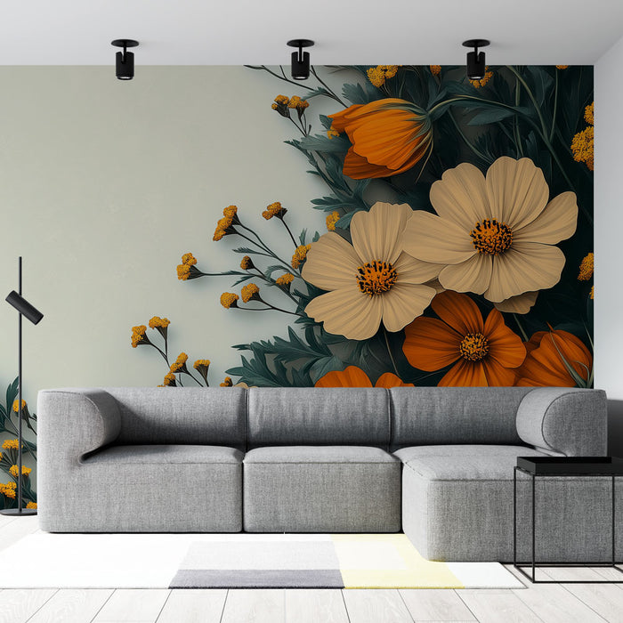 Papier peint floral | Motif de fleurs orange et crème