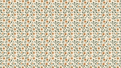 Papier peint floral Motif de fleurs orange et feuillage vert sur fond crème