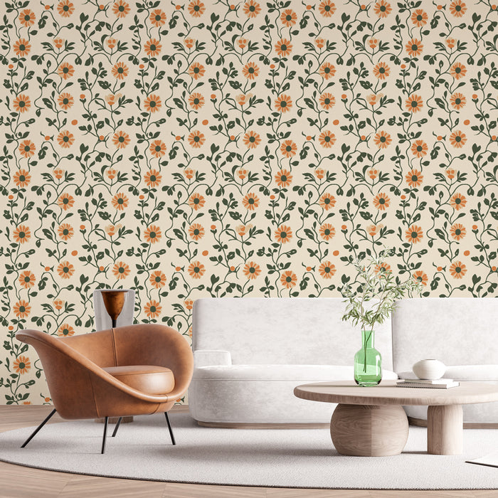 Un salon moderne avec un papier peint floral beige orné de délicates fleurs orange et de feuillages verts, créant une atmosphère chaleureuse et accueillante.