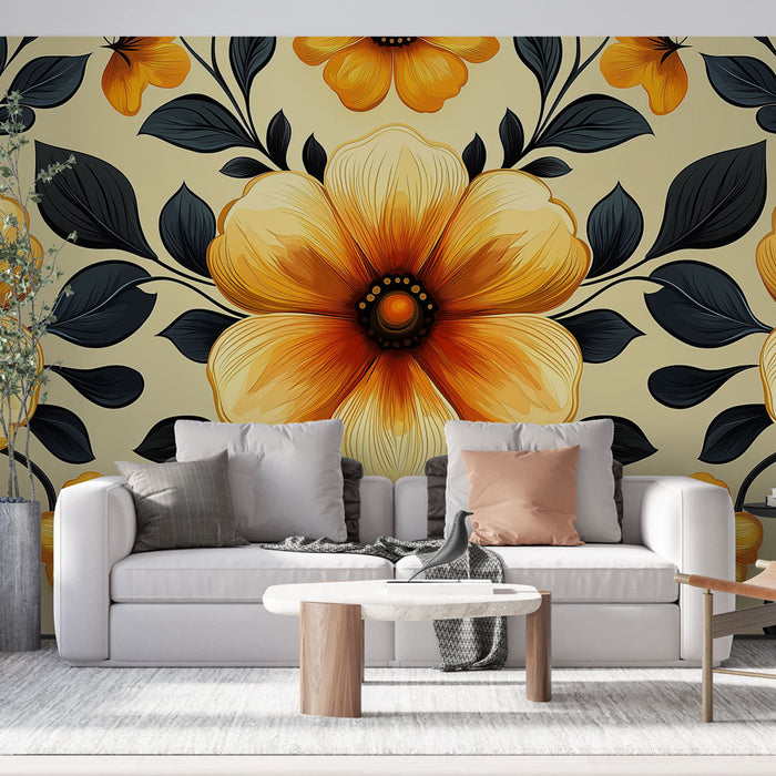 Papier peint floral | Motif de fleurs orange et noires sur fond clair