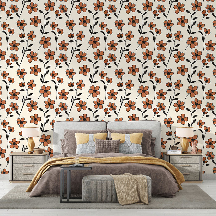 Une chambre élégante avec un papier peint floral beige et terracotta, aux motifs de fleurs stylisées sur fond clair, créant une atmosphère chaleureuse et accueillante.