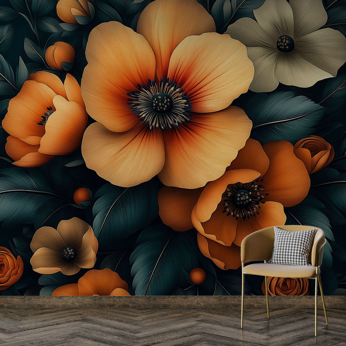 Papier peint floral | Motif de fleurs orange sur fond sombre