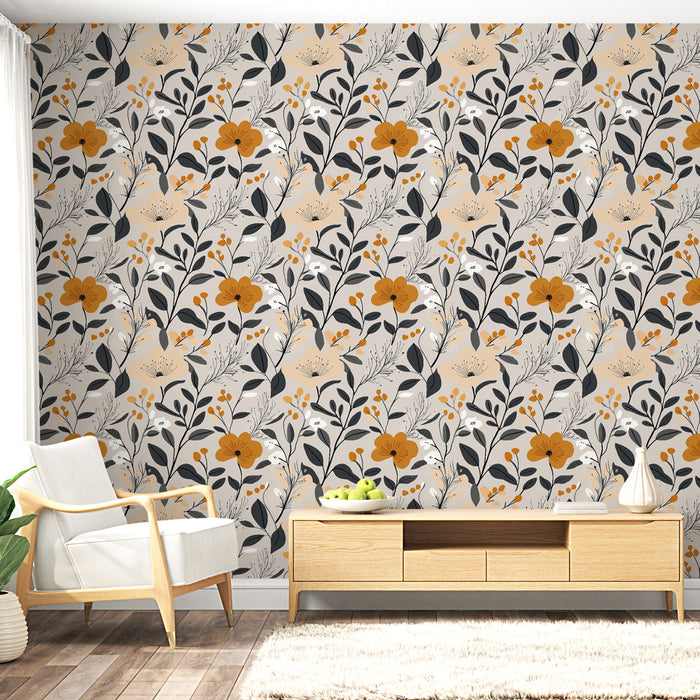 Un salon lumineux avec un papier peint floral aux motifs orange et noir sur fond beige, créant une ambiance chaleureuse et accueillante.