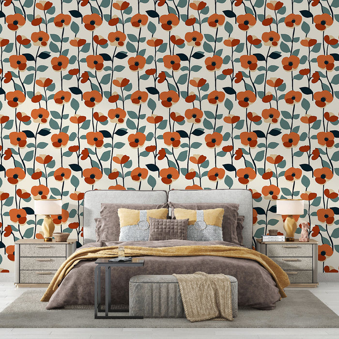 Une chambre élégante avec un papier peint floral aux motifs de fleurs orange et vertes sur fond clair, créant une ambiance chaleureuse et accueillante.