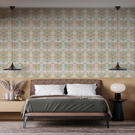 Une chambre moderne avec un papier peint floral aux motifs délicats de fleurs pastel sur fond clair, créant une ambiance douce et apaisante.