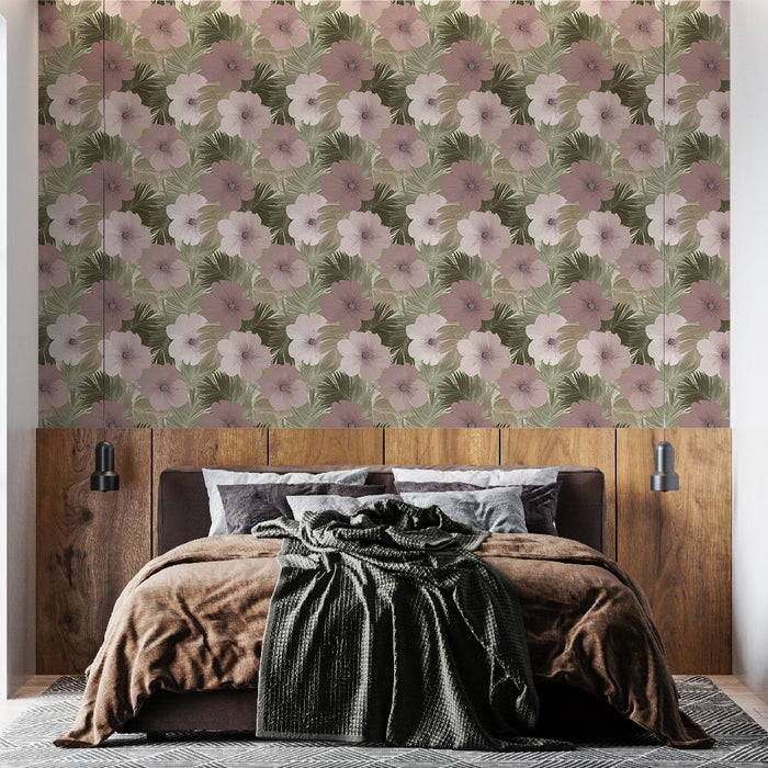 Une chambre moderne avec un papier peint floral aux teintes douces de rose et vert, créant une atmosphère apaisante et chaleureuse.