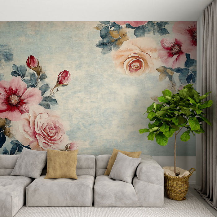 Papier peint floral | Motif de fleurs romantiques sur fond bleu