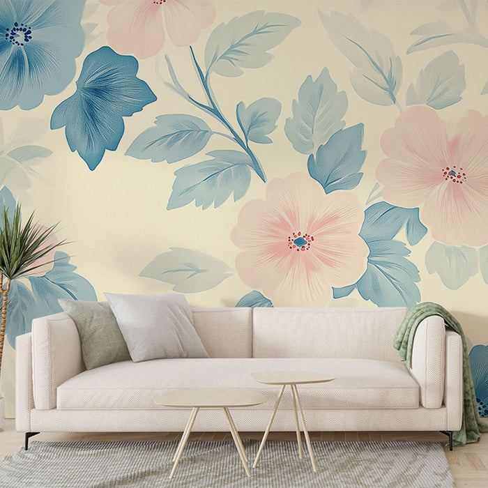 Papier peint floral | Motif de fleurs roses et bleues sur fond clair