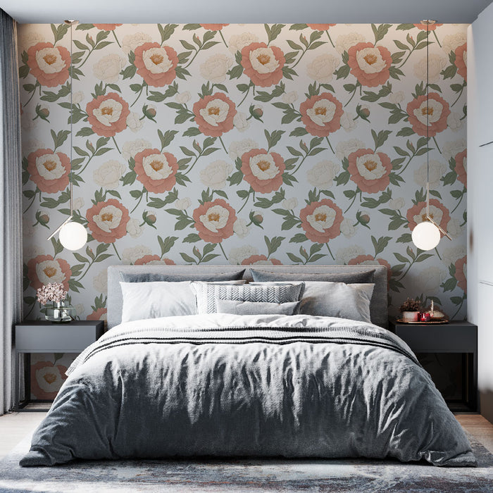 Une chambre moderne avec un papier peint floral aux grandes fleurs roses et blanches sur fond clair, créant une atmosphère douce et accueillante.