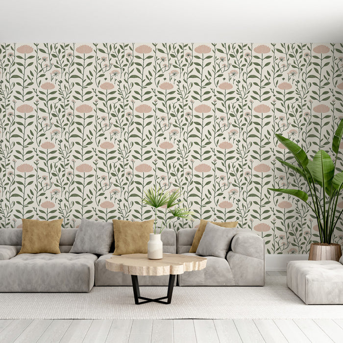 Un salon moderne avec un papier peint floral aux motifs délicats de fleurs roses et de feuillages verts sur fond clair, créant une atmosphère apaisante et naturelle.
