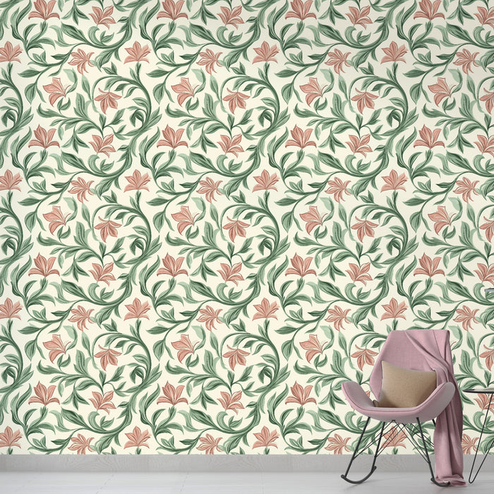 Une chambre lumineuse avec un papier peint floral aux motifs de fleurs roses et feuillages verts sur fond clair, créant une ambiance douce et naturelle.