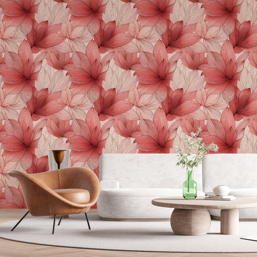 Une pièce moderne avec un papier peint floral aux grandes fleurs roses et blanches sur fond beige, créant une ambiance douce et chaleureuse.
