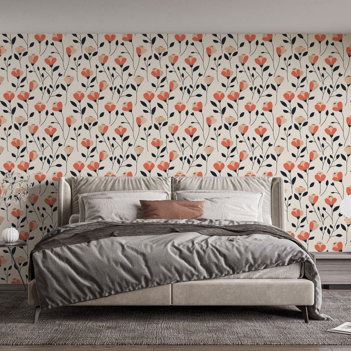 Une chambre moderne avec un papier peint floral aux motifs de fleurs rouges et beige sur fond clair, créant une ambiance chaleureuse et accueillante.