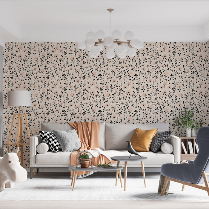 Un salon contemporain avec un papier peint floral aux motifs délicats de fleurs roses et feuillages noirs sur fond clair, créant une ambiance douce et accueillante.