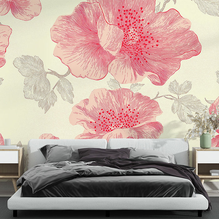 Papier peint floral | Motif de fleurs roses sur fond clair