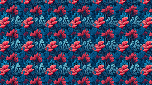 Papier peint floral Motif de fleurs rouges et feuillage bleu sur fond sombre