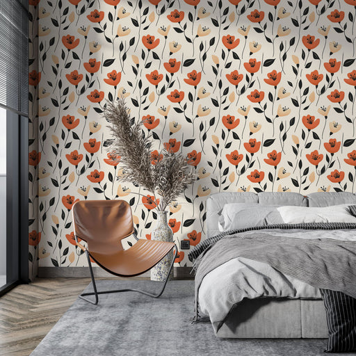 Une chambre moderne avec un papier peint floral aux motifs de fleurs rouges et noires sur fond crème, dégageant une atmosphère chaleureuse et accueillante.