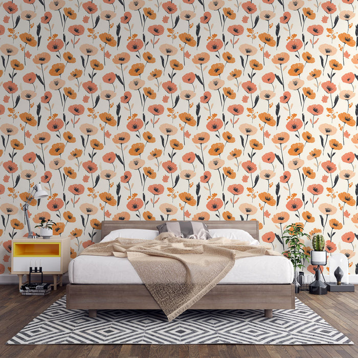 Une chambre accueillante avec un papier peint floral aux teintes douces de rose, orange et crème, créant une atmosphère chaleureuse et apaisante.