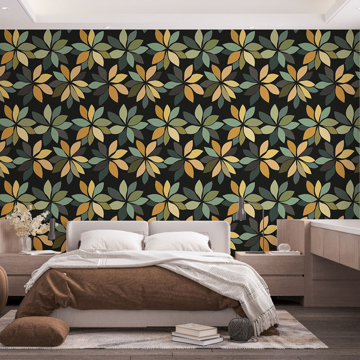 Une chambre moderne avec un papier peint floral aux motifs colorés de feuilles vertes, jaunes et brunes sur fond noir, créant une atmosphère chaleureuse et dynamique.
