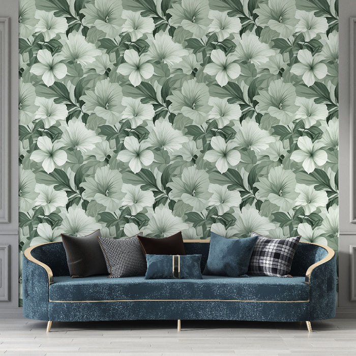 Un salon élégant avec un papier peint floral aux teintes vertes et blanches, évoquant une atmosphère fraîche et apaisante.