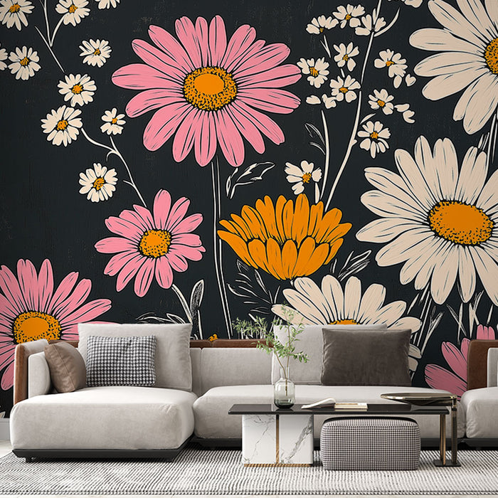 Papier peint floral | Motif de fleurs vibrantes sur fond noir