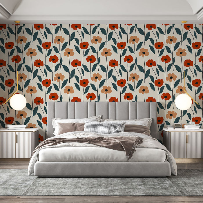 Une chambre moderne avec un papier peint floral aux motifs de fleurs rouges et beige sur fond clair, créant une atmosphère chaleureuse et accueillante.