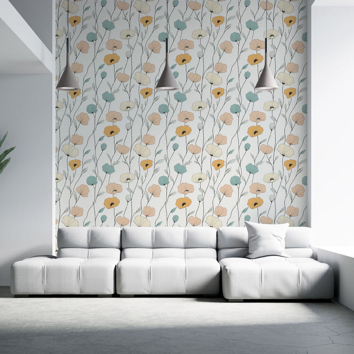 Un salon moderne avec un papier peint floral aux teintes douces de beige, jaune et vert, créant une ambiance chaleureuse et apaisante.