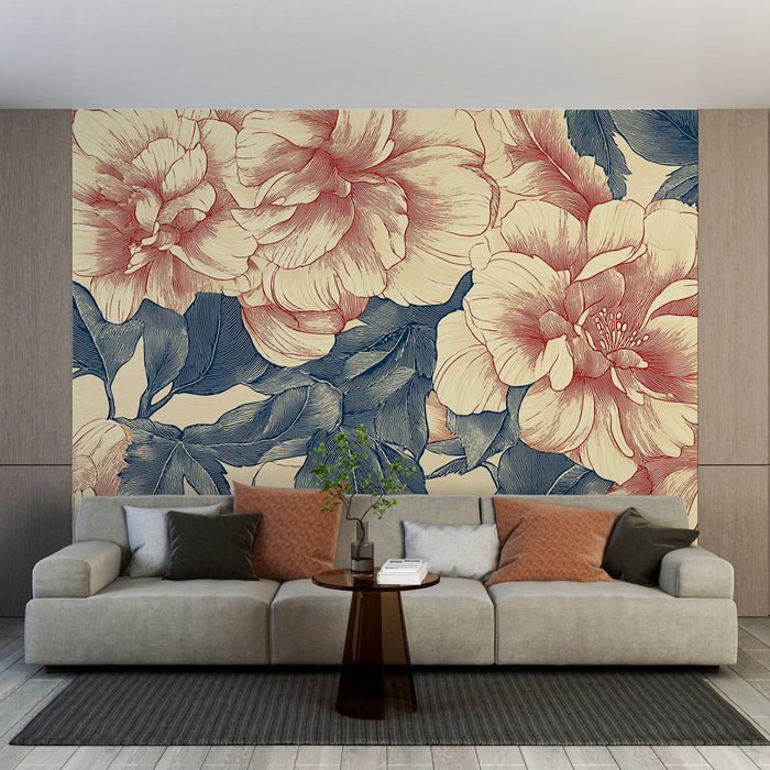 Papier peint floral | Motif de pivoines bleu et rouge