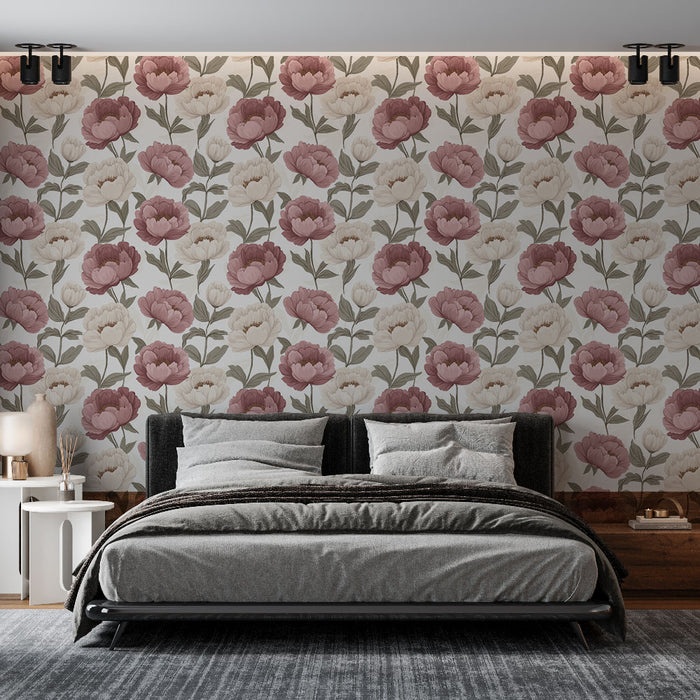 Une chambre moderne avec un papier peint floral aux teintes douces de rose et crème, créant une ambiance romantique et apaisante.