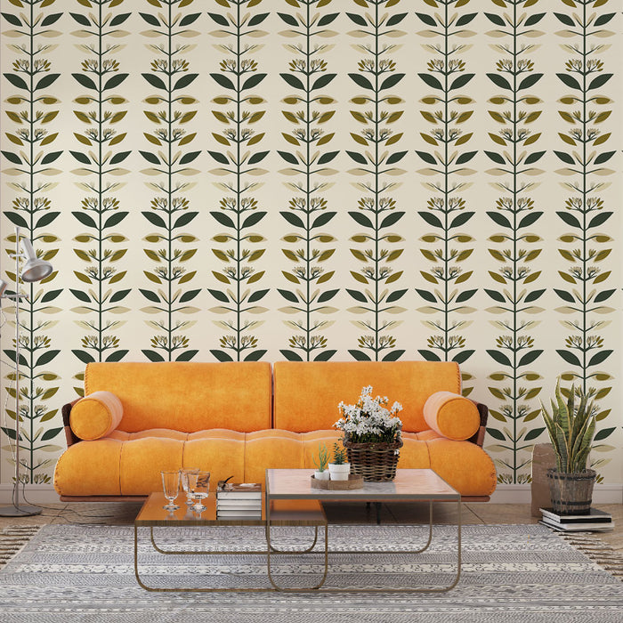 Un salon moderne avec un papier peint floral beige et vert, présentant de délicates tiges de plantes qui apportent une ambiance naturelle et chaleureuse.