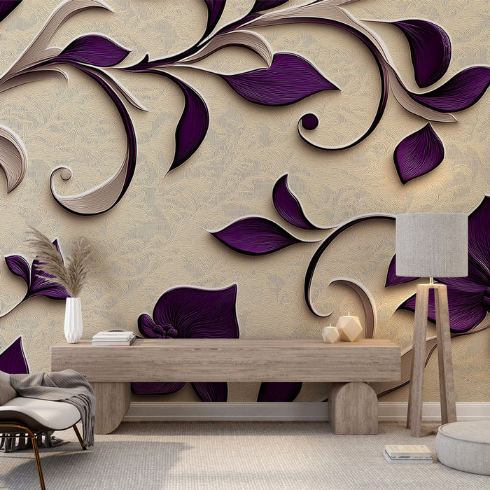 Papier peint floral | Motif Décoratif en Violet et Beige