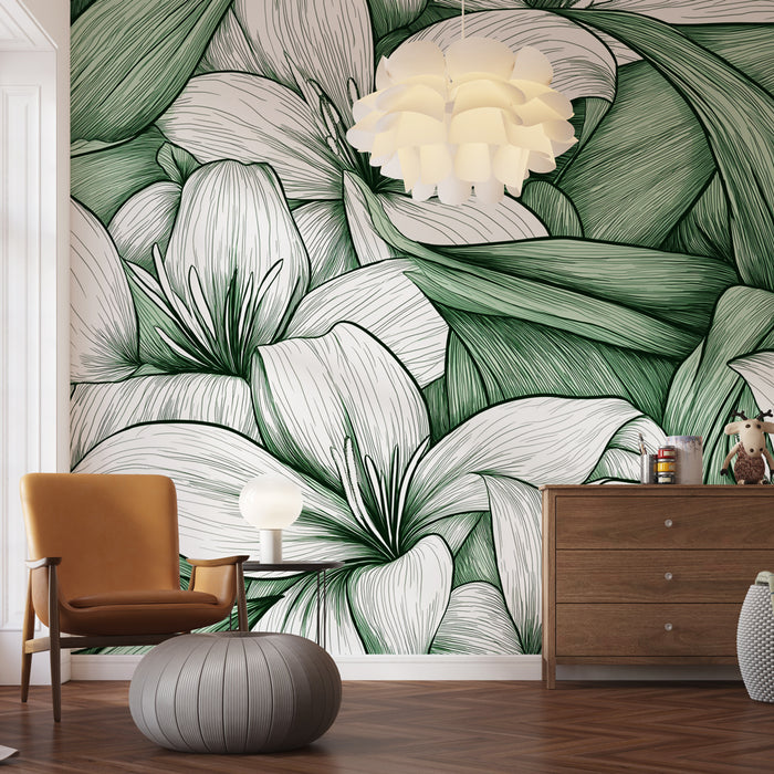 Une pièce moderne avec un papier peint floral monochrome vert et blanc représentant de grandes fleurs stylisées, créant une ambiance fraîche et apaisante.
