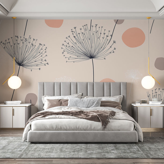 Papier peint floral avec motif délicat de fleurs et cercles pastel pour chambre moderne
