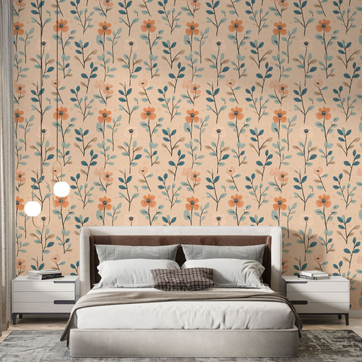 Une chambre apaisante avec un papier peint floral aux teintes douces de pêche et de bleu, créant une atmosphère délicate et naturelle.