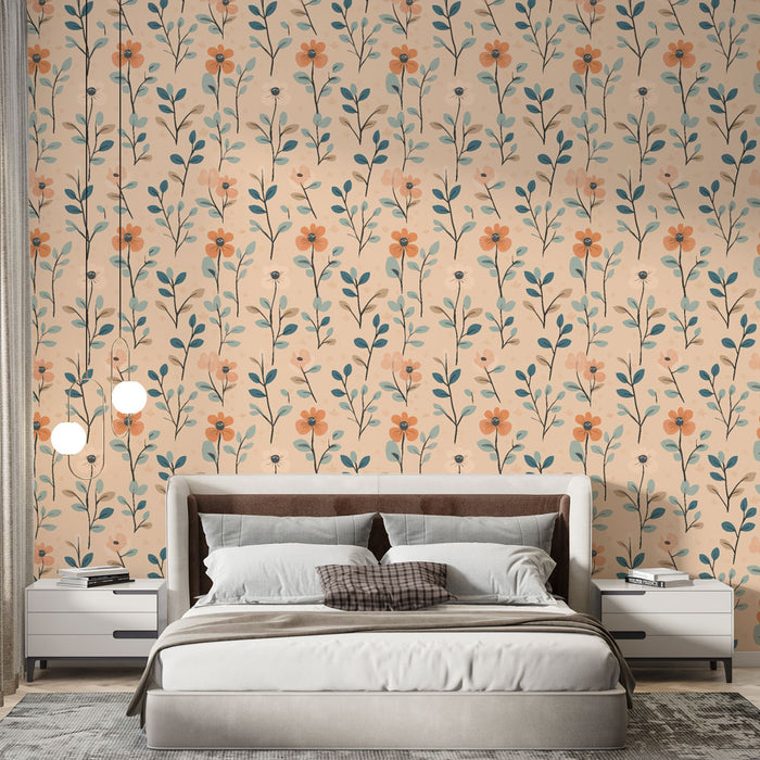 Une chambre apaisante avec un papier peint floral aux teintes douces de pêche et de bleu, créant une atmosphère délicate et naturelle.