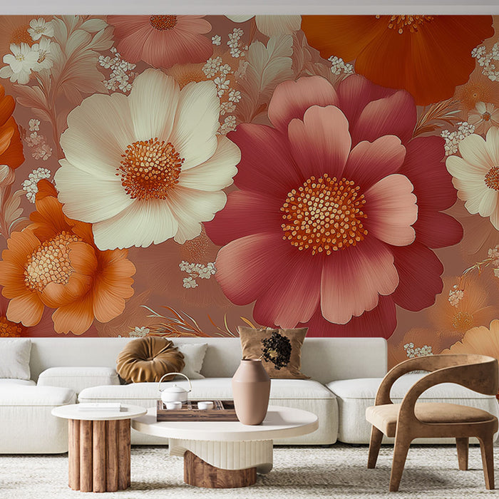 Papier peint floral éclatant avec motifs de fleurs aux teintes chaudes pour salon moderne