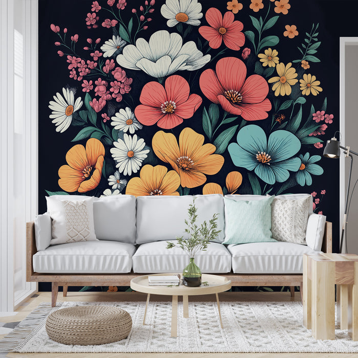 Papier peint floral | Motif éclatant de fleurs colorées sur fond noir