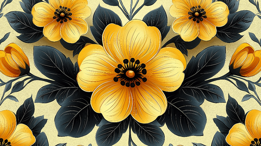 Papier peint floral Motif éclatant de fleurs jaunes et feuilles noires