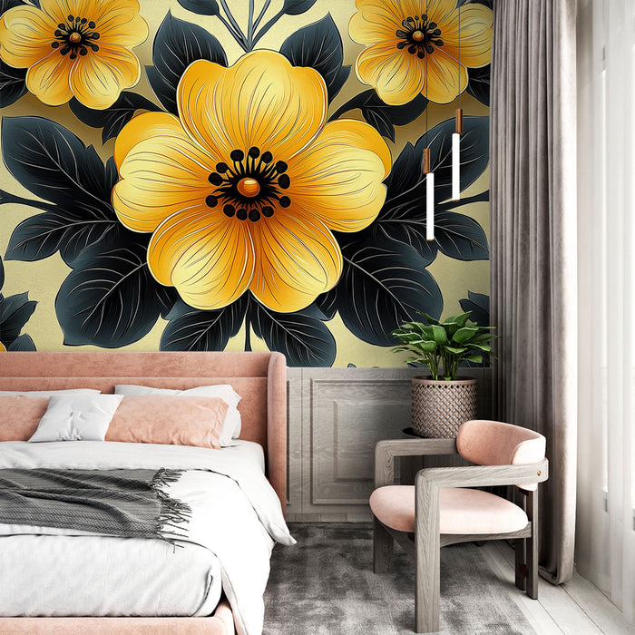 Papier peint floral | Motif éclatant de fleurs jaunes et feuilles noires