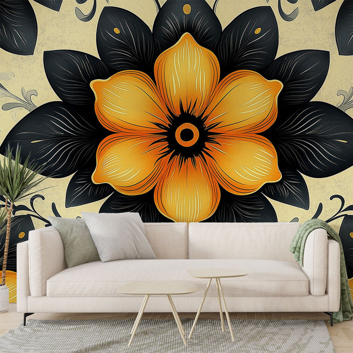 Papier peint floral éclatant avec motif de fleurs oranges et noires pour salon moderne