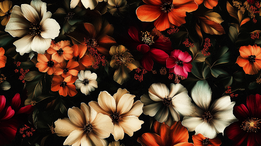 Papier peint floral Motif éclatant de fleurs sur fond noir