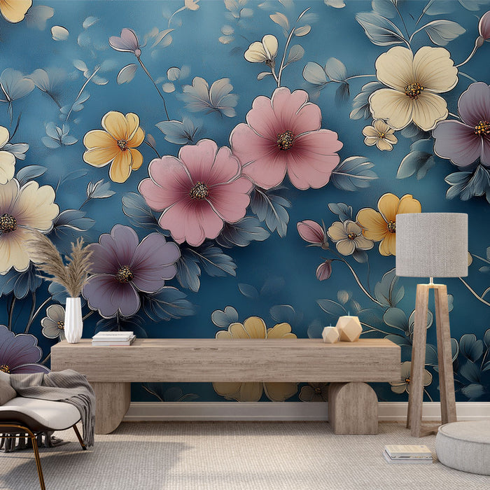 Papier peint floral | Motif éclatant sur fond bleu