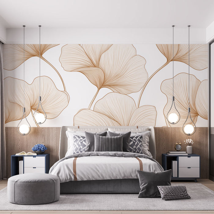 Une chambre moderne avec un papier peint floral aux lignes délicates dans des tons beige sur fond blanc, créant une atmosphère apaisante et élégante.