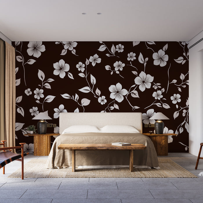 Papier peint floral élégant avec motif de fleurs blanches sur fond marron pour chambre moderne