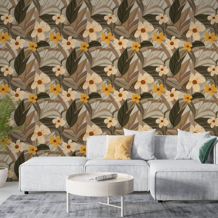 Un salon moderne avec un papier peint floral aux motifs de fleurs jaunes et feuilles vertes sur un fond beige, créant une ambiance chaleureuse et accueillante.