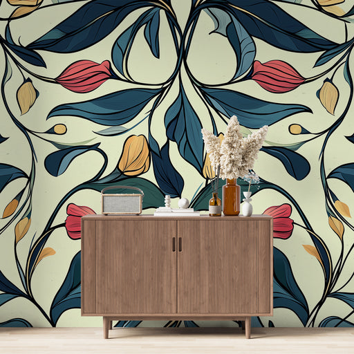 Une pièce moderne avec un papier peint floral aux motifs colorés de fleurs et de feuilles sur fond clair, créant une ambiance fraîche et accueillante.
